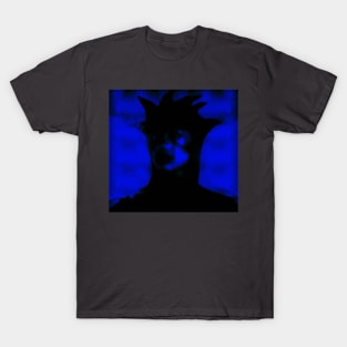 Beautiful girl in strange dark suit, with face mask. Blue, black. Dark. T-Shirt